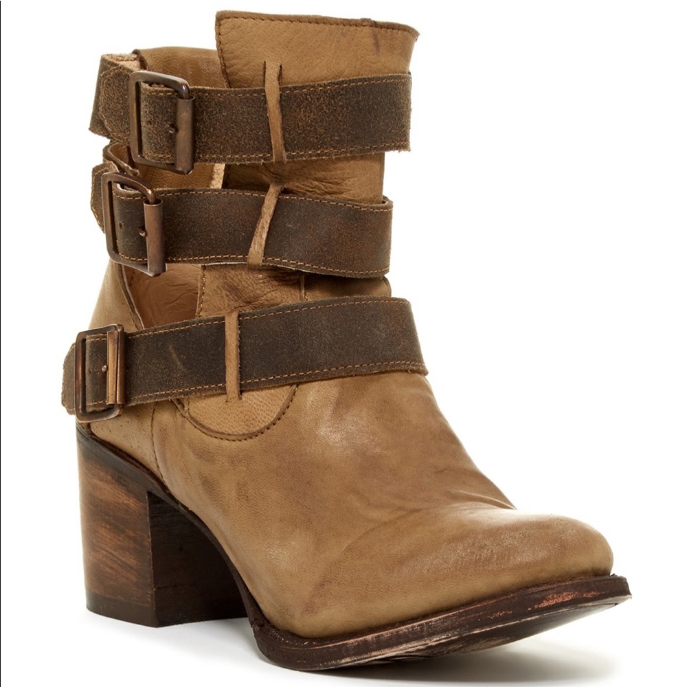 Freebird Rollin by Steven Buckle Strap Ankle Boots in Tan and Brown